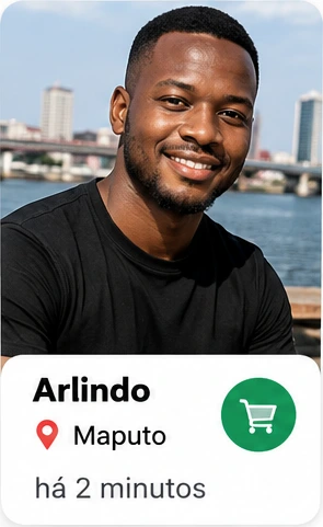 Arlindo Mucavele, Maputo — cartão com fotografia, localização, tempo e ícone