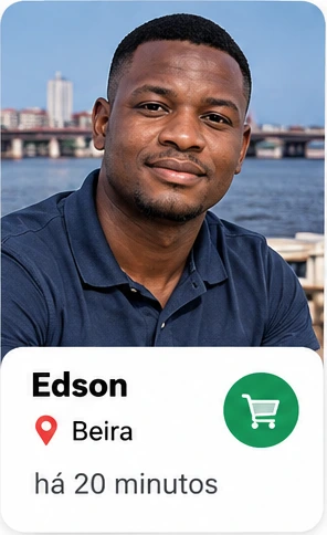 Edson Macuácua, Beira — cartão com fotografia, localização, tempo e ícone